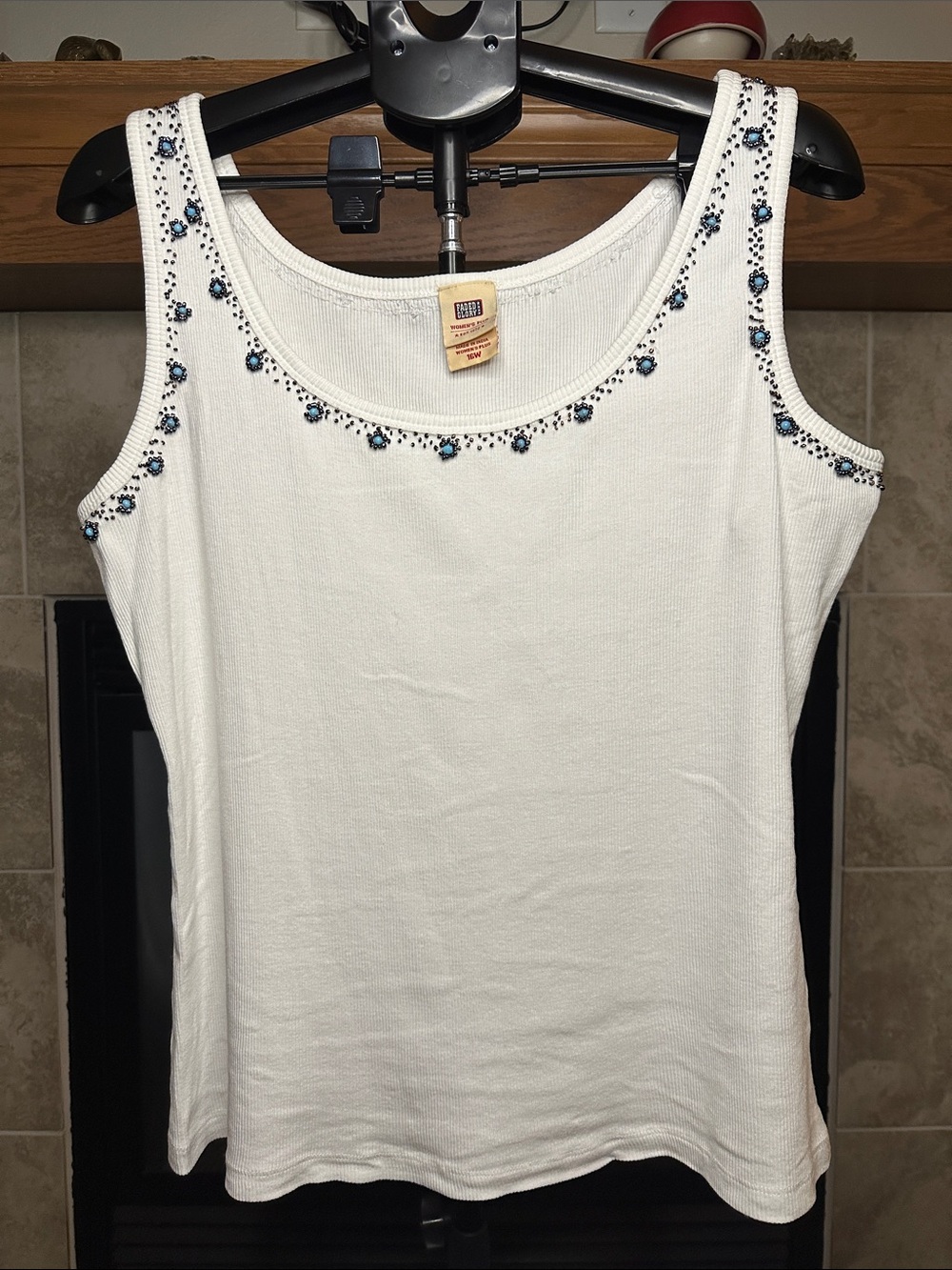 Boho Y2K White Ribbed Tank Top Beaded Turquoise Floral Beading Size 16W
